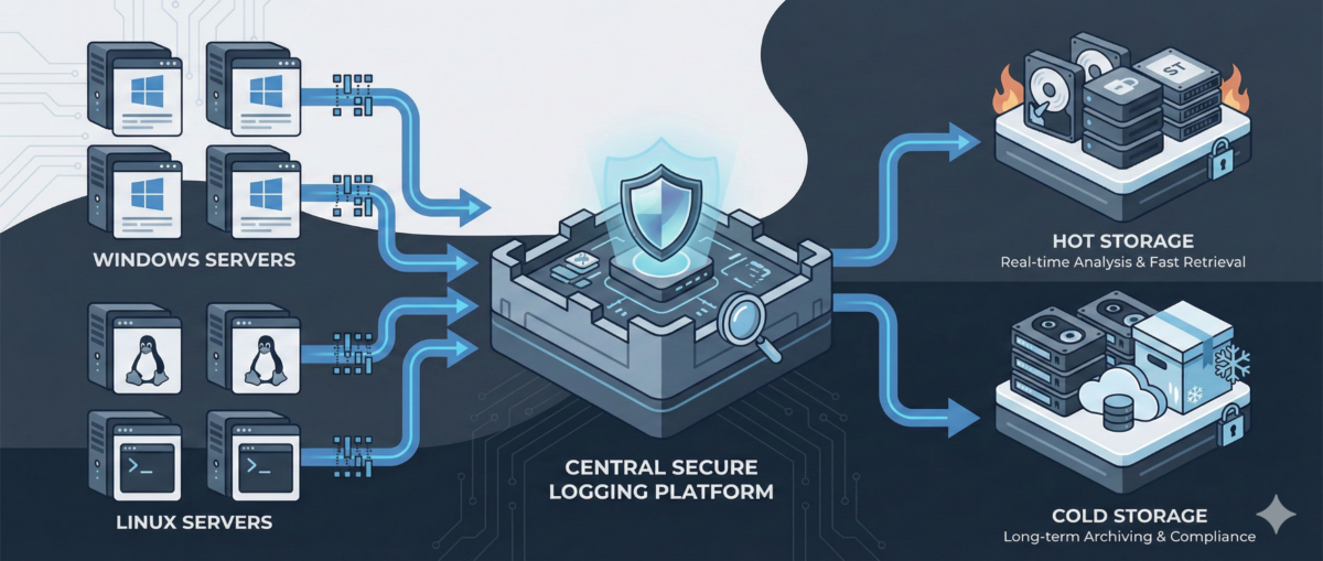Centralized logging architecture diagram collecting logs from Windows and Linux servers into a secure log platform