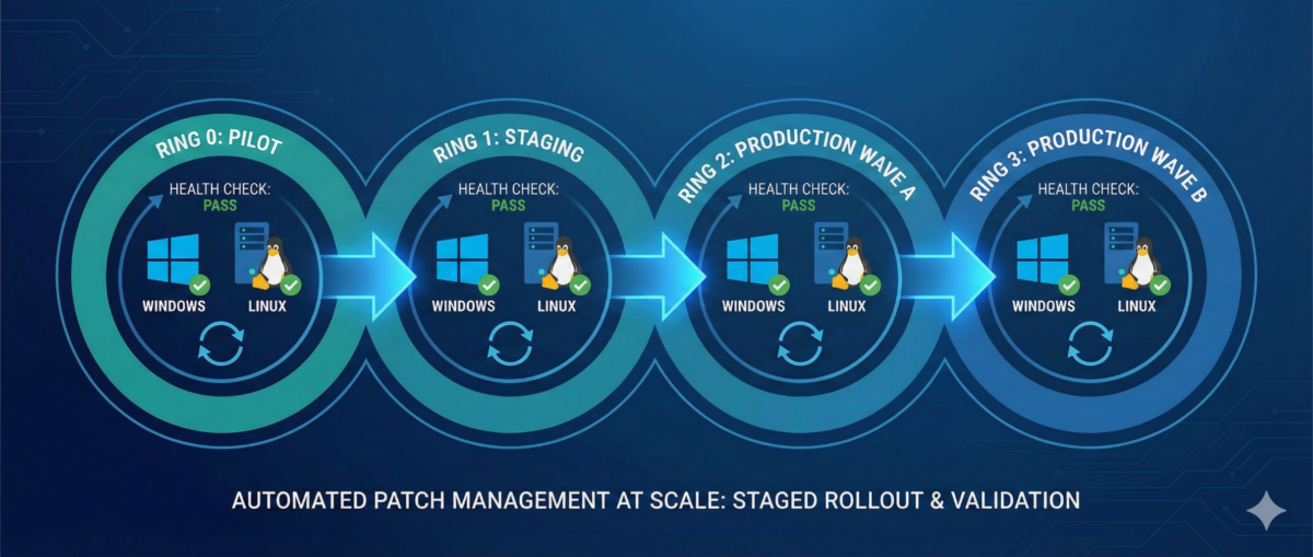 Patch rings rolling updates across Windows and Linux servers with automated health checks
