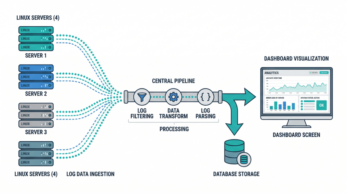 Diagram showing logs flowing from multiple Linux servers into a centralized logging system.